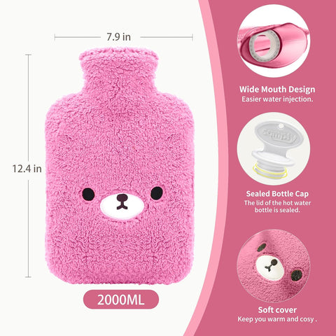 samply Hot Water Bottle with Cute Fleece Cover, 2Liter Water Bag for Hot and Cold Compress