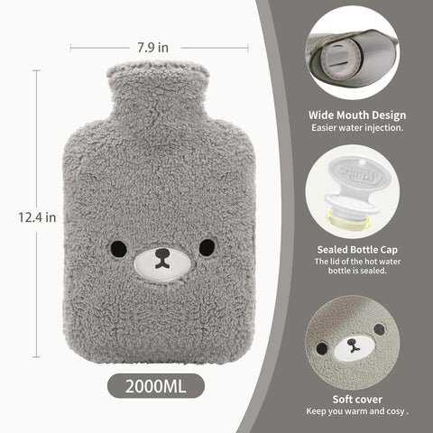 samply Hot Water Bottle with Cute Fleece Cover, 2Liter Water Bag for Hot and Cold Compress