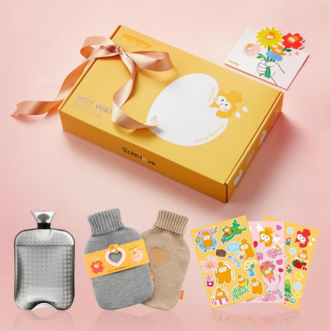 samply 2L Hot Water Bottle with 2 Knitted Covers for Hand Feet Warmer, Birthday ldeas Gifts (Grey&Khaki)