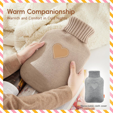 samply 2L Hot Water Bottle with 2 Knitted Covers for Hand Feet Warmer, Birthday ldeas Gifts (Grey&Khaki)