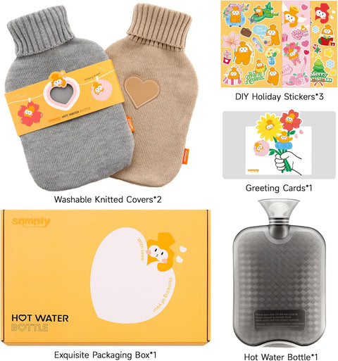 samply 2L Hot Water Bottle with 2 Knitted Covers for Hand Feet Warmer, Birthday ldeas Gifts (Grey&Khaki)