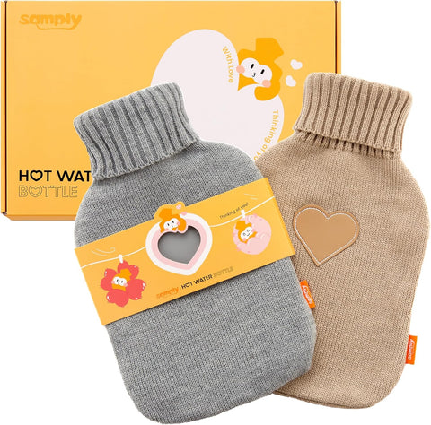 samply 2L Hot Water Bottle with 2 Knitted Covers for Hand Feet Warmer, Birthday ldeas Gifts (Grey&Khaki)