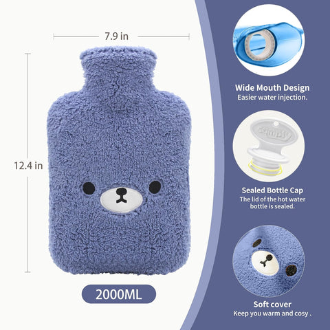 samply Hot Water Bottle with Cute Fleece Cover, 2Liter Water Bag for Hot and Cold Compress