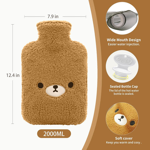 samply Hot Water Bottle with Cute Fleece Cover, 2Liter Water Bag for Hot and Cold Compress