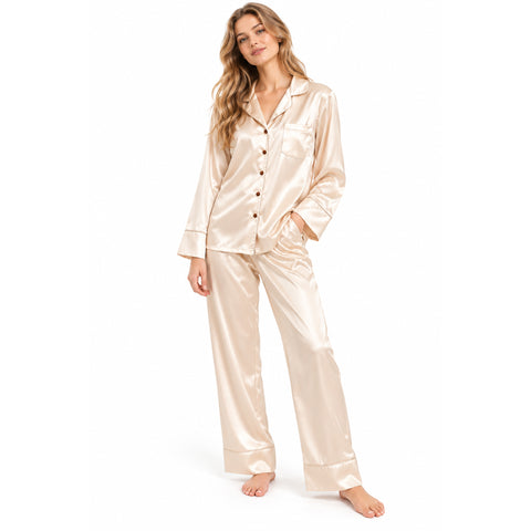 samply Women’s Satin Pajama Set, Long Sleeve Button Down Sleepwear with Pants